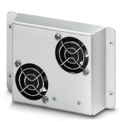 Metal enclosure with two round ventilation grilles, each secured by four screws. The design is intended for cooling electronic devices.