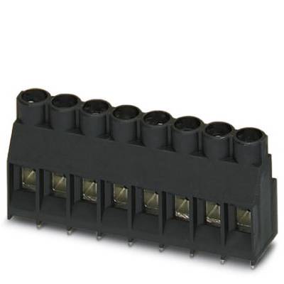 Black PCB terminal block with seven slots for electrical connections.