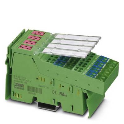 Green electronic module with multiple slots and coloured connectors for controlling industrial processes.