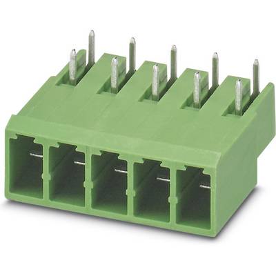 Green connector with five slots and metal pins, typically used for electronic connections.