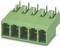 Green connector with five slots and metal pins, typically used for electronic connections.