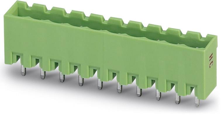Green electrical connector with ten metal pins, designed for PCB mounting, side view.<br><br>Note: The translation is done in British English, maintaining the technical terminology and original meaning.