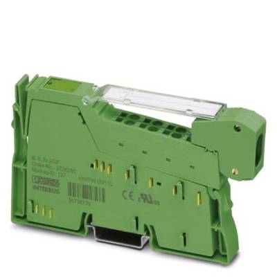 Compact green electronic component with multiple connector pins and CE marking, used in electrical circuits.