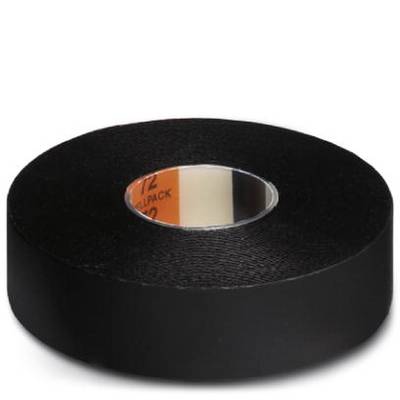 A roll of black adhesive tape, lying on its side, with a glossy surface.