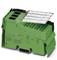 A green electronic connector with transparent protective flaps. Primarily used in electrical circuits.