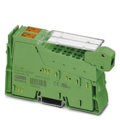 A green, electronic switching module with plug connections, suitable for industrial applications. Brand name and certification logos are visible.