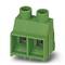 Green two-pole connector with two round openings at the top, used for electrical connection of printed circuit board components.
