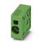 Green electrical plug with a square housing and round openings, suitable for technical connections and installations.