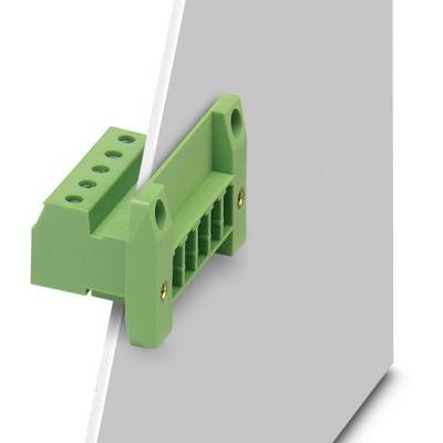 A green connector is mounted on a grey plate. The connector has six terminals and two mounting screws.