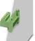 A green connector is mounted on a grey plate. The connector has six terminals and two mounting screws.