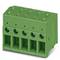 Green plug-in terminal block with five connections, used in electrical circuits for secure cable connections.