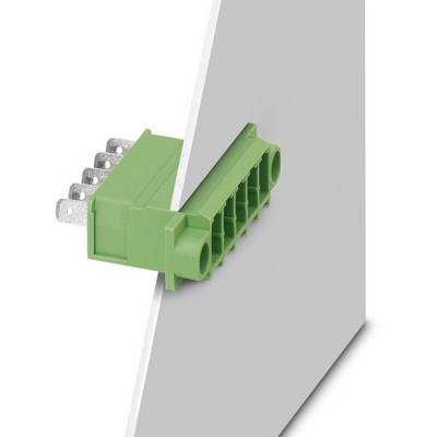 Green connector on a grey surface, mounted by a narrow white plate. Primarily used for electronic connections.