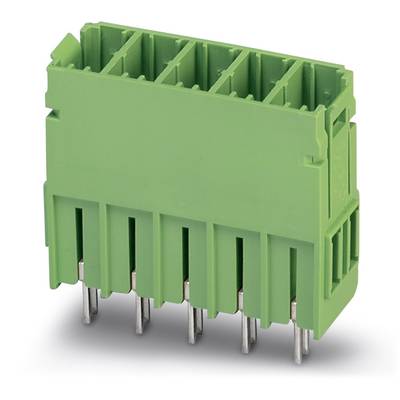 Green connector with eight vertical pins, suitable for electronic applications.