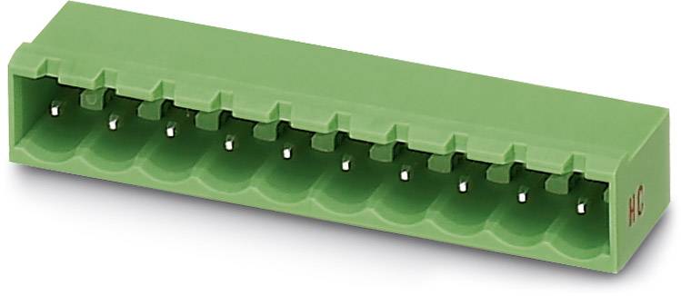 A green, rectangular plug connector with nine terminal blocks that can be used for electronic wiring.