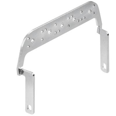 Metal bracket in an L-shaped design with multiple holes for mounting. Used for structural support or installation.