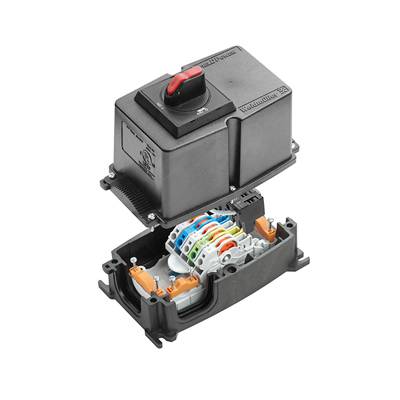 An open electrical switch or control cabinet with colour-coded cable connections, revealing the internal wiring.