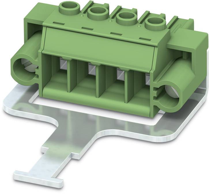 Green electronic connector with three round terminals mounted on a metallic mounting plate. Used for electrical connections.