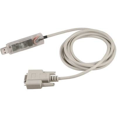 A serial USB to RS232 cable for connecting computers with older devices; clear USB plug, grey cable.