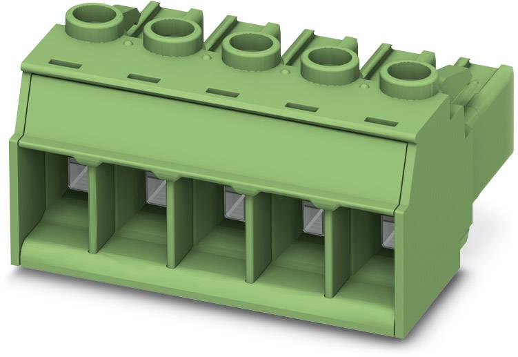 Green electrical connector block with five contact points, suitable for mounting on printed circuit board, used in electronic circuits.
