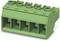 Green electrical connector block with five contact points, suitable for mounting on printed circuit board, used in electronic circuits.