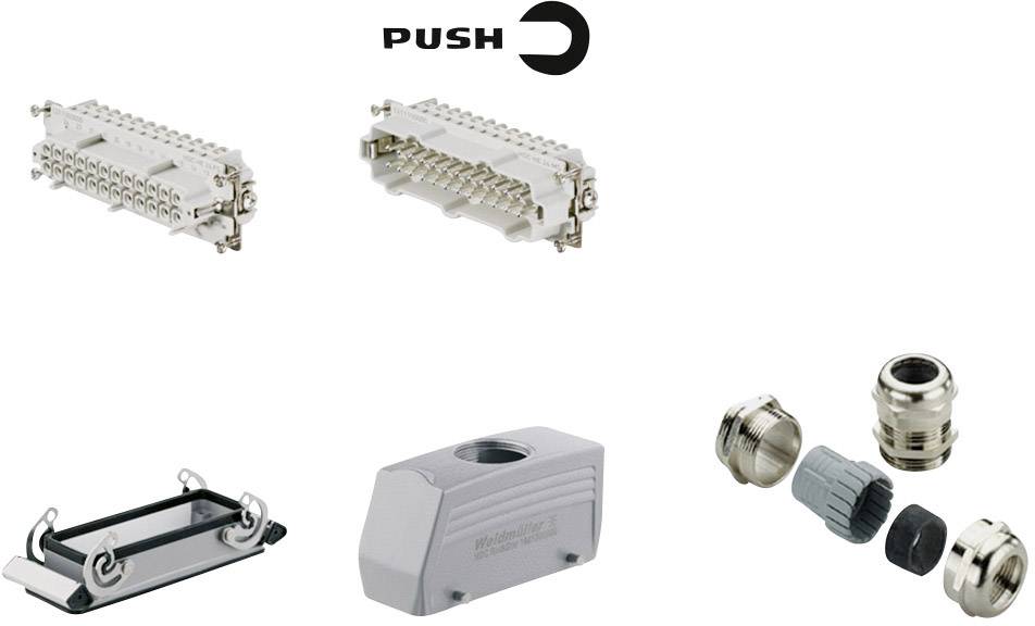 Electrical plug connectors with mounting frame and housing components. Upper logo 'PUSH'. Main parts: Contact inserts, frame, housing, cable glands.