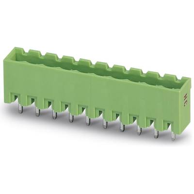 Green multi-pin connector for electronic connections, side view.
