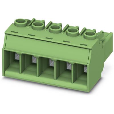 Green electrical connector with five terminal blocks, suitable for printed circuit board applications.