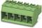 Green electrical connector with five terminal blocks, suitable for printed circuit board applications.