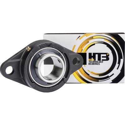 Two-hole flange bearing housing with a bearing and packaging of the brand 'HTB - High Technology Bearings' in the background.