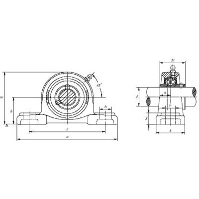 Technical drawing of a bearing with dimensioning. Shows the front and side view with axis indications, lines, and arrows.