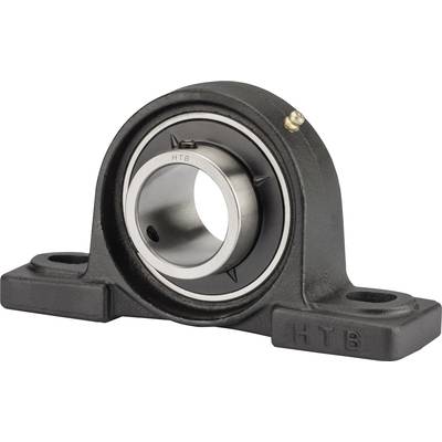 Industrial housing bearing with cylindrical bore, mounted on a black metal base. Used for shaft support.