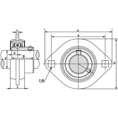Technical drawing of a flange with dimensioning. Shows front view and cross-section with marked dimensions a, b, e, L.