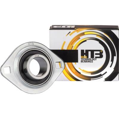 A metallic bearing with a rectangular base positioned next to packaging featuring the 'HTB High Technology Bearings' logo in contemporary yellow and black tones.