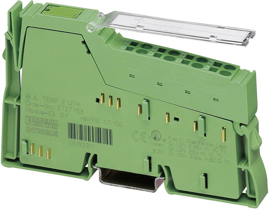 Green Phoenix Contact module, model B IL TEMP 2 UTH. Electronic terminals for temperature measurement, with component number 2727573.