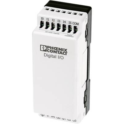 Compact, white digital I/O module from Phoenix Contact with 24 VDC inputs, used for controlling electrical signals.