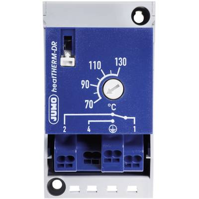 Thermostat JUMO heatTHERM-DR, blue rotary controller with temperature scale from 70°C to 130°C, three connection terminals at the bottom.