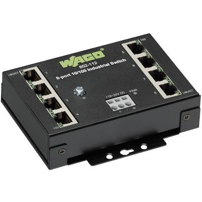 An '8-Port 10/100 Industrial Switch' by WAGO, with eight Ethernet ports on the front, suitable for industrial applications.