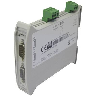 A USB-to-CAN adapter with a grey housing, two green connectors on top and multiple ports on the side, including a DB9 connector.