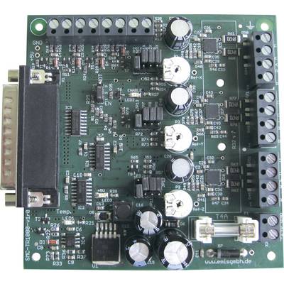 Green printed circuit board with various electrical components, including capacitors, resistors, and a DB-25 connector.