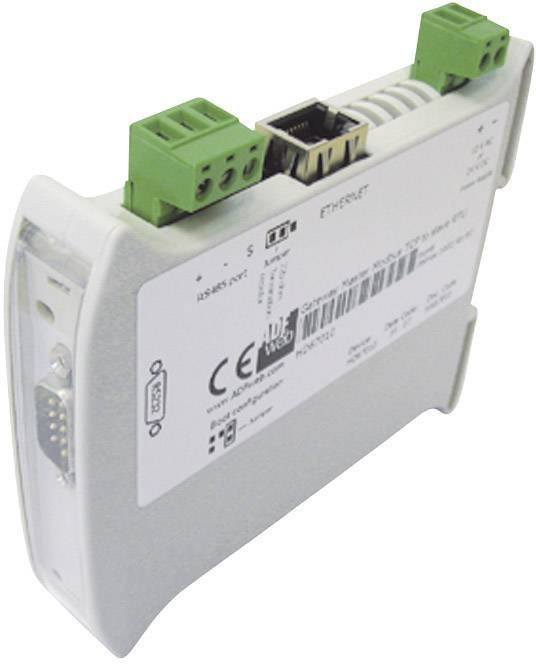 A compact Ethernet converter with ports and a label displaying technical specifications.