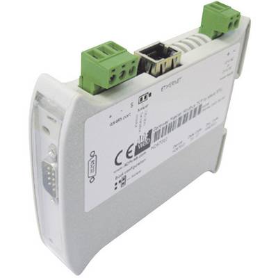A compact Ethernet converter with ports and a label displaying technical specifications.