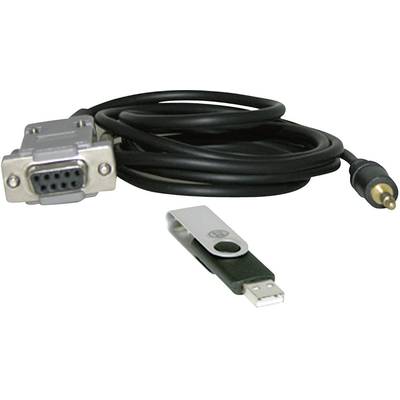 A VGA cable next to a USB stick with a metal casing, lying on a white background. Both are used for data transfer.