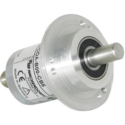 A cylindrical rotary encoder with a metal housing and protruding shaft, manufactured by Wachendorff, "Made in Germany" clearly visible.