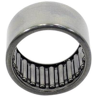 Cylindrical needle bearing, silver in colour, with multiple thin rolling elements inside. Used to reduce friction in machinery.