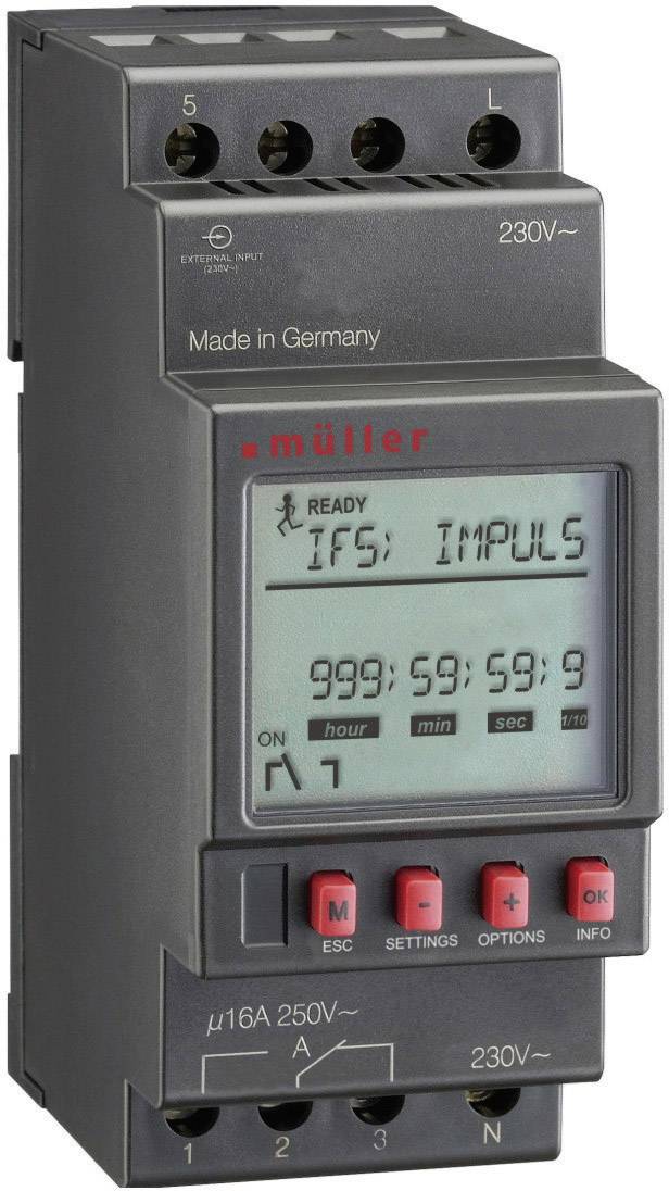 An electrical timer with a digital display shows 'IFS; PULSE'. Four buttons at the bottom: 'ESC', 'SETTINGS', 'OPTIONS', 'INFO'.