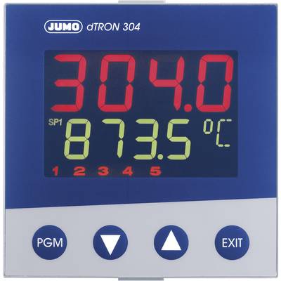A blue display of a JUMO dTRON 304 temperature controller shows '304.0' in red and '873.5°C' in green. Three buttons: 'PGM', arrow, 'EXIT'.