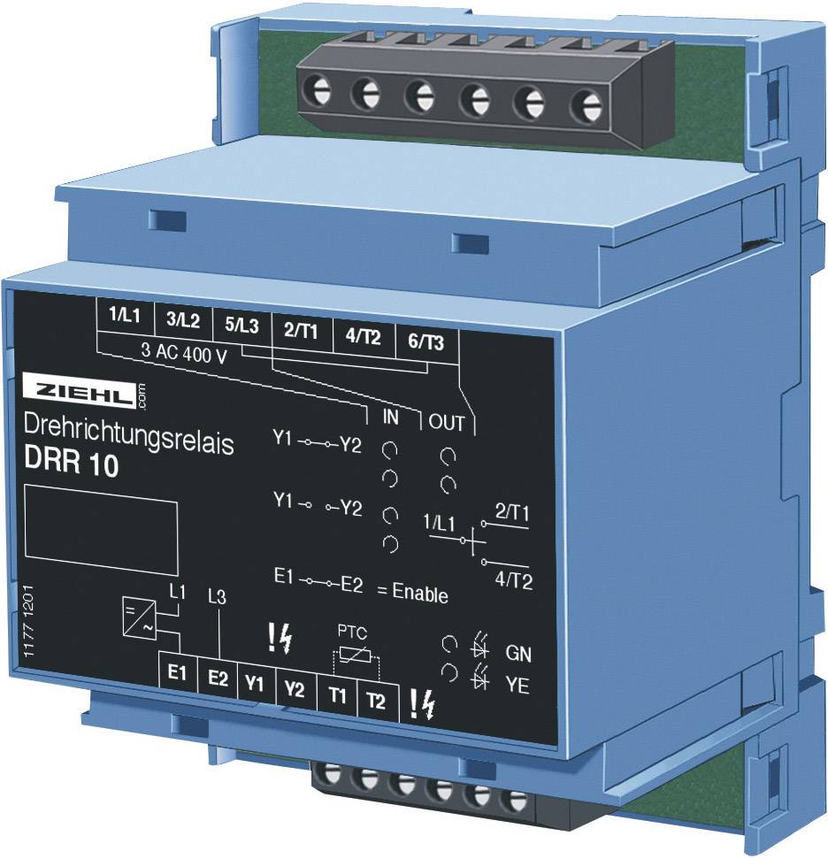 'DRR 10 Three-Phase Monitoring Relay' by Ziehl, shows connection terminals and functional diagrams for monitoring and protection of three-phase systems.