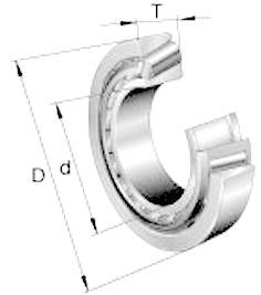 Technical drawing of a ball bearing with specifications for diameter (D, d) and width (T).