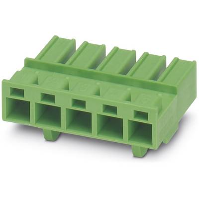 Green five-pole connector with one rectangular opening per pole and two mounting pins on the underside.