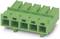 Green five-pole connector with one rectangular opening per pole and two mounting pins on the underside.